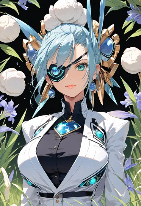 mikumari \(xenoblade\)masterpiece, highest quality, ((1 person)),blue hair,green eyes,serious expression, smile,upper body,line ...