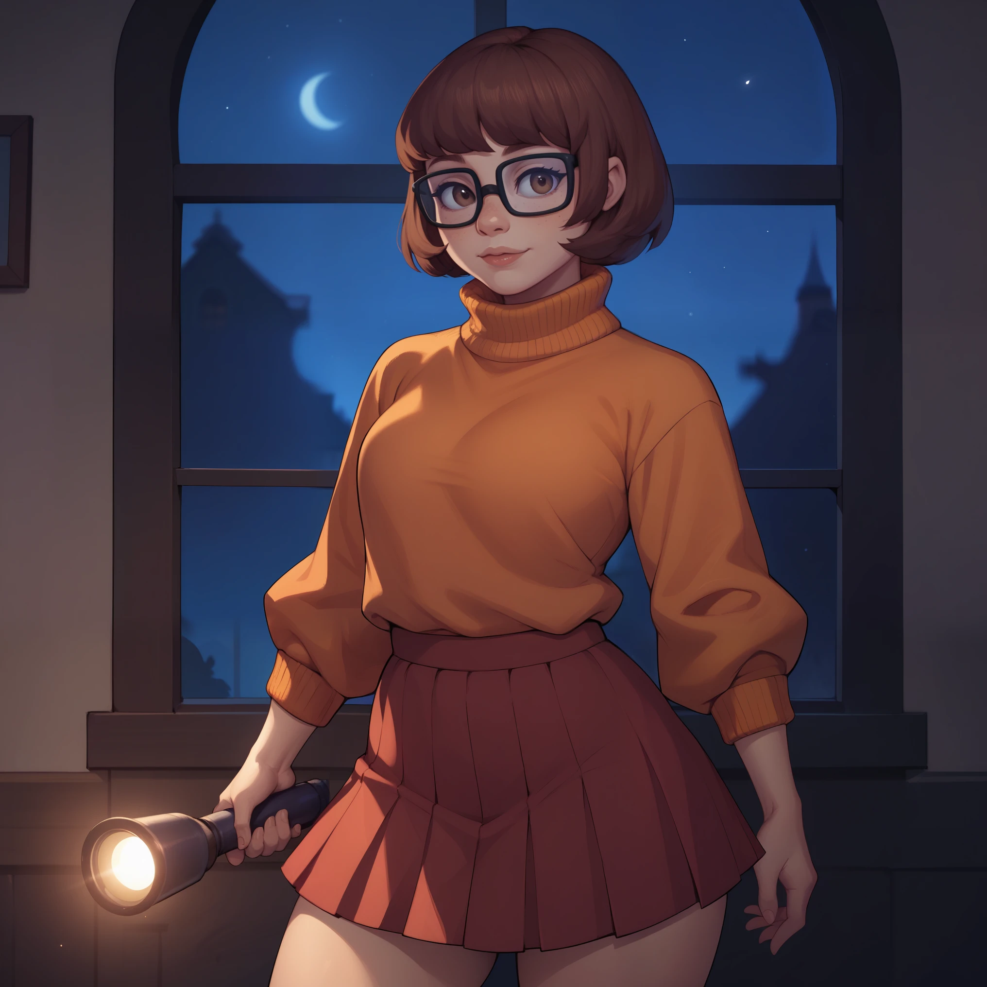 score_9, score_8_up, score_7_up, score_6_up BREAK solo,cowboy shot,haunted house,velma,brown eyes,brown hair,red skirt,orange sweater,window, holding flashlight, dim, night