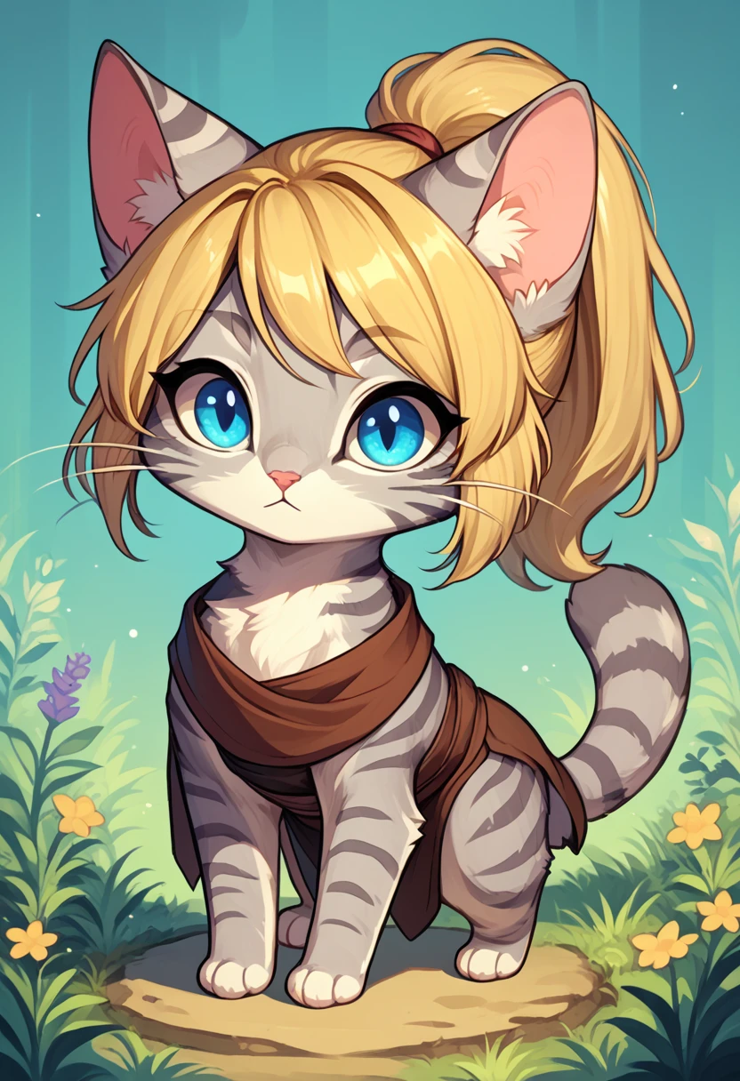 score_9, score_8_up, score_7_up, score_6_up, BREAK source_anime, IncrsXLLCM, full body, chibi, Kat, feral, golden blonde hair in a ponytail, silver fur, grey stripes, :3, white whiskers, pink nose, no humans, blue eyes,