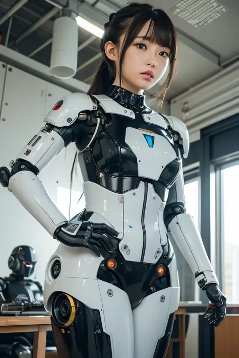 masterpiece, best quality, extremely detailed, Japaese android girl,Plump ,control panels,android,Droid,Mechanical Hand, Robot arms and legs,Blunt bangs,perfect robot girl,long tube,thick cable connected her neck,android,robot,humanoid,cyborg,japanese cyborg girl ,robot-assembly plant,She has assembled now,assembly scene,chest monitor,blue eyes
