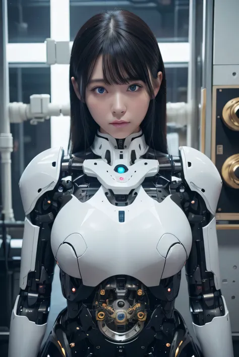 masterpiece, best quality, extremely detailed, 8K portrait,1girl in, Japaese android girl,android teacher,Plump , control panels,android,Droid,Mechanical Hand, ,Robot arms and legs, Black hair,Mechanical body,Blunt bangs,White Robotics Parts,perfect robot woman,Charging spot,perfect mechanical body,white robotics body,android assembly plant,white body,She has repaired,black sponge joints,android,laboratory,perfect machine body,white robot body,blue eyes