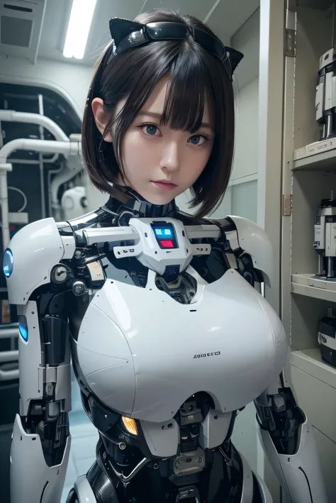 masterpiece, best quality, extremely detailed, 8K portrait,1girl in, Japaese android girl,android teacher,Plump , control panels,android,Droid,Mechanical Hand, ,Robot arms and legs, Black hair,Mechanical body,Blunt bangs,White Robotics Parts,perfect robot woman,Charging spot,perfect mechanical body,white robotics body,android assembly plant,white body,She has repaired,black sponge joints,android,laboratory,perfect machine body,white robot body,blue eyes