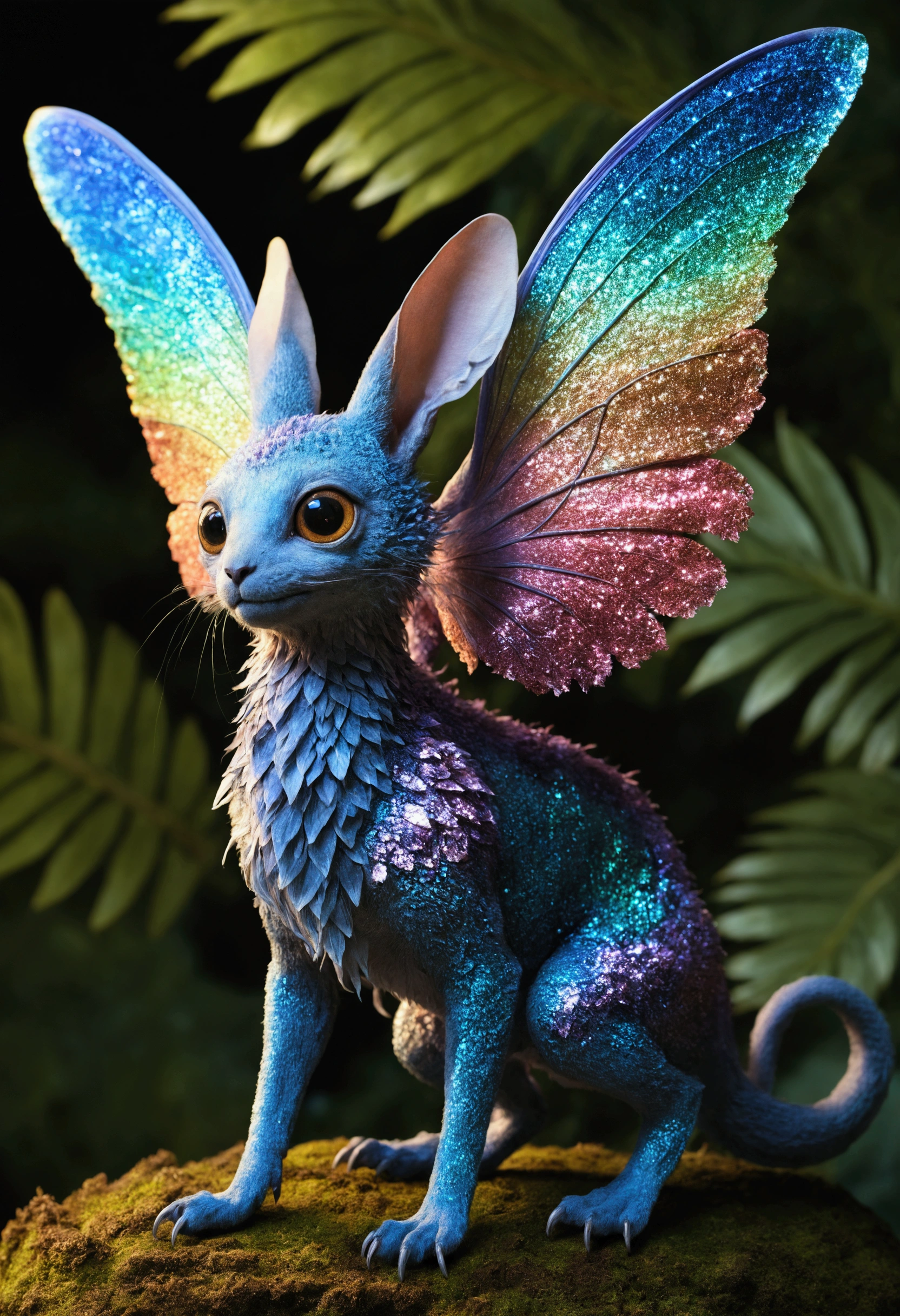 The Zalavira is a medium-sized creature from a fictional planet. It has shimmering, iridescent fur that changes color with its mood. It has large wing-like ears sensitive to subsonic vibrations, making it a natural disaster early warning system. It primarily feeds on exotic plants and fruits, with a fondness for nectar from unique blossoms on its planet. It's a unique and treasured member of the planet's ecosystem