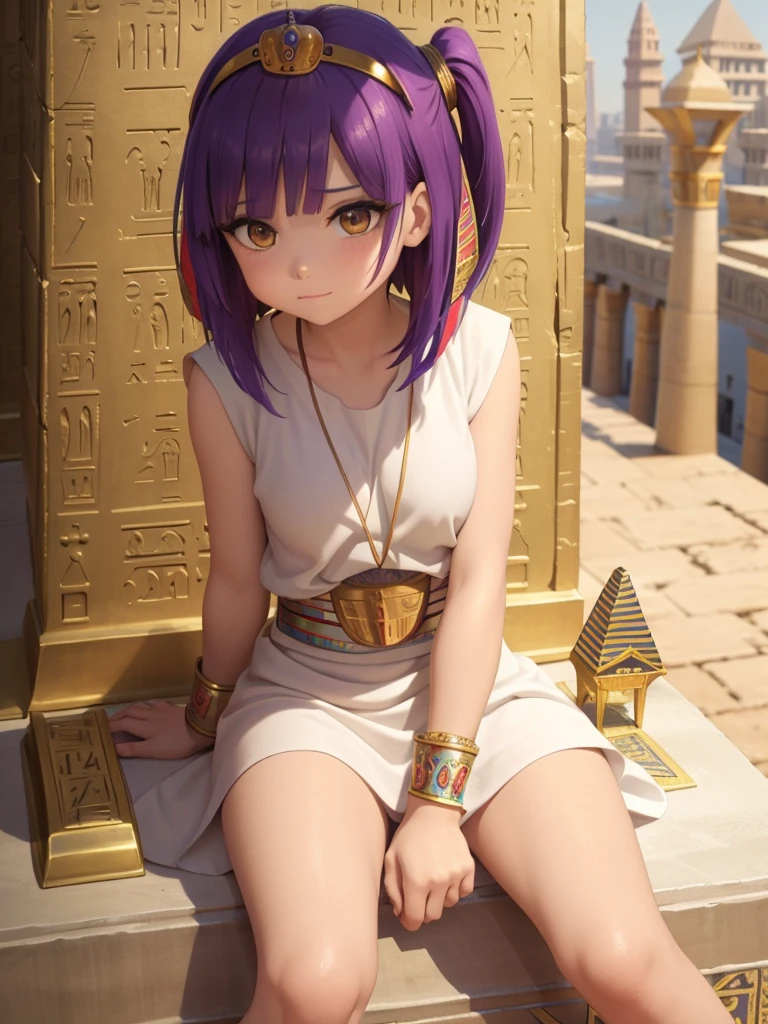 Cute ancient Egyptian princess、Colorful temples of ancient Egypt、The colorful streets of ancient Egypt、Artistic、detailed、Colored linen clothes、Sitting posture、front、Spread your legs