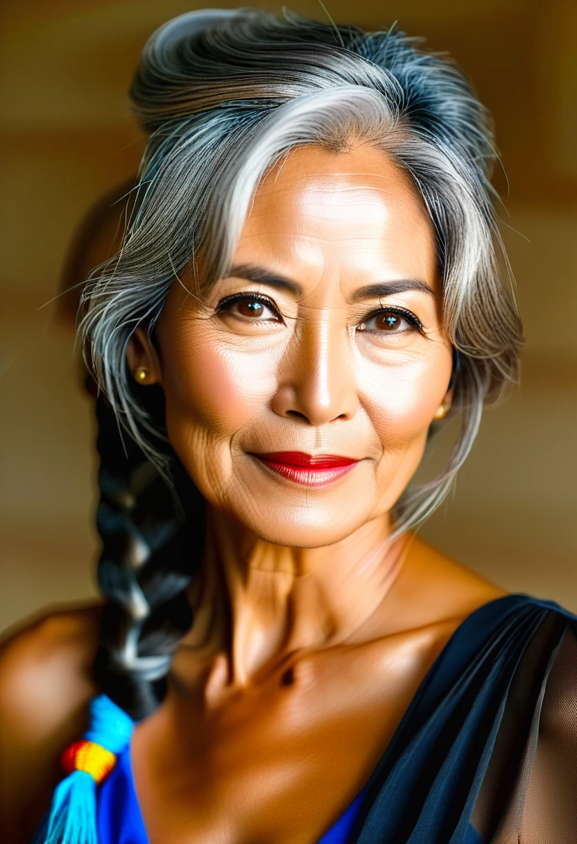 photography, ortographic front view, head and shoulders shot, portrait, one female, solo, Uzaki_Tsuki, a beautiful mature woman of venezuelan and japanese heritage, long hair, braid over one shoulder, silver hair, gray hair, blue eyes barely open, 43 years old, tan, tan skinned, tanned