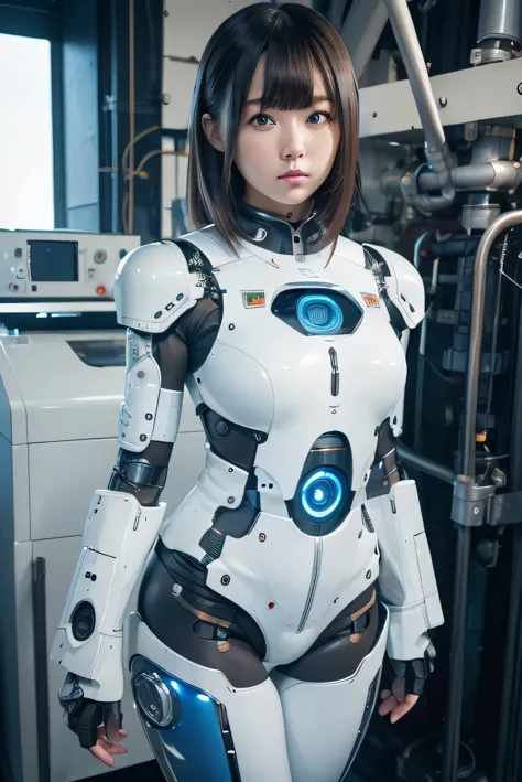 masterpiece, best quality, extremely detailed, Japanese android girl,Plump ,control panels,robot arms,robot,android,cyborg,white robot body,blunt bangs,robot repair plant,skinny pants,boots,blue eyes