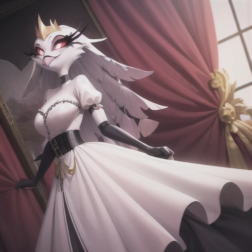 (best quality, masterpiece:1), furry female anthro stella, owl, portrait, stelladress, white dress, black belt, pink beak,  standing, gold crown, looking to the side, closed mouth, smile, wide-eyed, white pupils, elbow gloves, choker, pink gradient dress, white cape