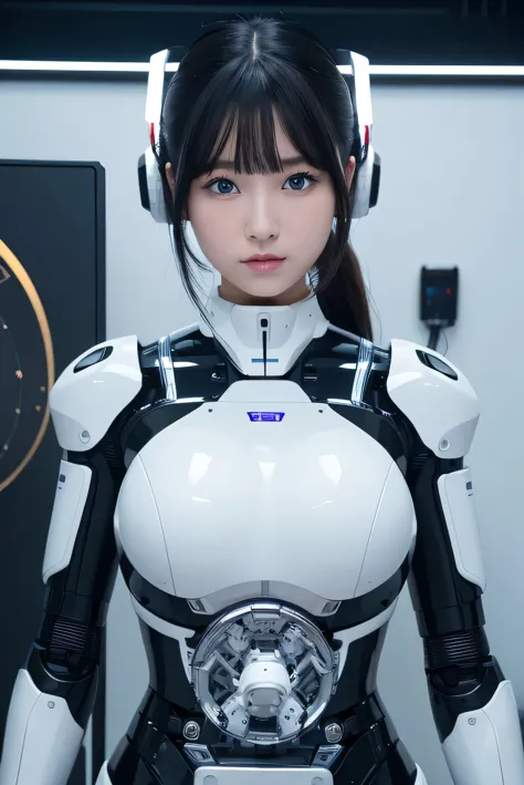 masterpiece, best quality, extremely detailed, 8K portrait,1girl in, Japaese android girl,android teacher,Plump , control panels,android,Droid,Mechanical Hand, ,Robot arms and legs, Black hair,Mechanical body,Blunt bangs,White Robotics Parts,perfect robot woman,Charging spot,perfect mechanical body,white robotics body,android assembly plant,white body,She has repaired,black sponge joints,android,laboratory,perfect machine body,white robot body,blue eyes