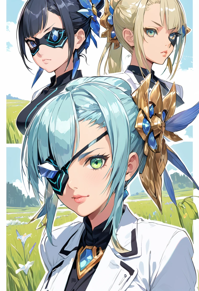 Mikumari \(Xenoblade\)masterpiece, Highest quality, ((1 person)),Blue Hair,Green Eyes,Serious expression, smile,Upper Body,Line art,Medium Hair,White blazer,Black T-shirt,Big Breasts,Bunhead,Two dumplings,Black Mask,No horns, Expressionless blue eyes,((Kubo Obito Style)) Detailed face, Face Focus, Are standing, Black Hair,(hair ornaments:1.35),office lady, Sleeves edged with ribbon, Removable sleeves, Ribbon trim, Wide sleeves, (View your audience:1.5) Long Hair, iris, bangs, lips,smile,grassland