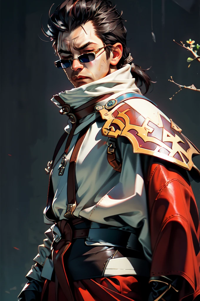 highly detailed, saturated, dimly lit, upper body focus digital painting of Auron, adult male, (solo:1.3), ((scar across right eye)), one eye closed, eye over small oval (sunglasses:1.3), (stubble:1.1), BREAK warm skintone, ((radiant skin)), pores, skin details, vascular, hair strands in face, [greying temples], short wrapped (low:1.3) [ponytail], BREAK leather chest [armor], arm tucked, empty sleeve, suede collar, leather belts, metal buttons and buckles, intricate long ((solid red)) haori, wrist gauntlet, single glove, [katana] in hand, [jug on hip], BREAK fabric textures, [beads, tassels], simple background, (reflective surfaces), (depth of field), atmosphere, foreground focus, (8k:1.3)