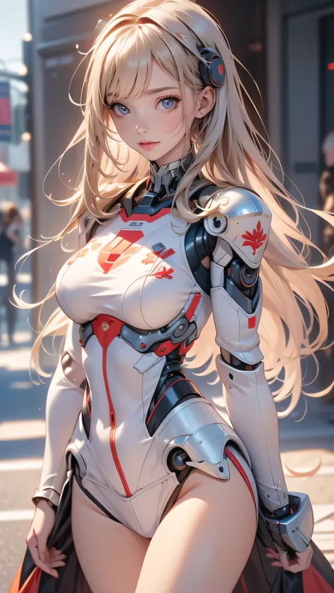 ((1girl:1.5),(embroidered cybernetic body:1.5),large breast,(mecha armor:1.5)),(Highest image quality, outstanding details, ultra-high resolution, (realism: 1.4), the best illustration, favor details, highly condensed 1girl,(Sense of presence:1.5),(Dynamic:1.5),(bold:1.5)),(thin hair:1.8),(straight hair:1.5),(Swept long bangs:1.5),(extra light coppery amber hair),((hair over one eye:1.2)),stretching,the background is a high-tech lighting scene of the future city