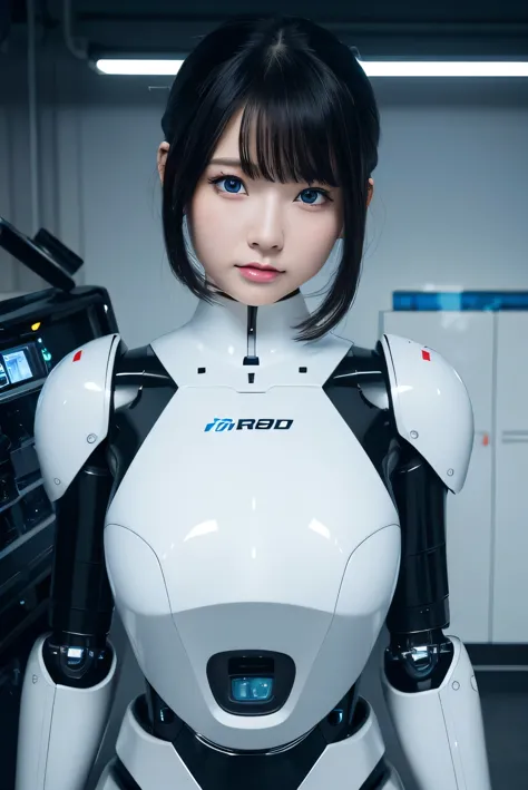 masterpiece, best quality, extremely detailed, 8K portrait,1girl in, Japaese android girl,android teacher,Plump , control panels,android,Droid,Mechanical Hand, ,Robot arms and legs, Black hair,Mechanical body,Blunt bangs,White Robotics Parts,perfect robot woman,Charging spot,perfect mechanical body,white robotics body,android assembly plant,white body,She has repaired,black sponge joints,android,laboratory,perfect machine body,white robot body,blue eyes