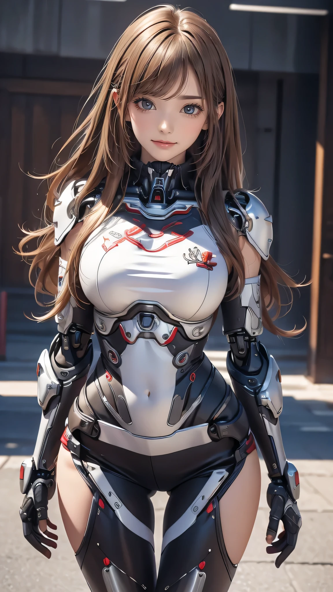 ((1girl:1.5),(embroidered cybernetic body:1.5),large breast,(mecha armor:1.5)),(Highest image quality, outstanding details, ultra-high resolution, (realism: 1.4), the best illustration, favor details, highly condensed 1girl,(Sense of presence:1.5),(Dynamic:1.5),(bold:1.5)),(thin hair:1.8),(straight hair:1.5),(Swept long bangs:1.5),(extra light coppery amber hair),((hair over one eye:1.2)),stretching,the background is a high-tech lighting scene of the future city