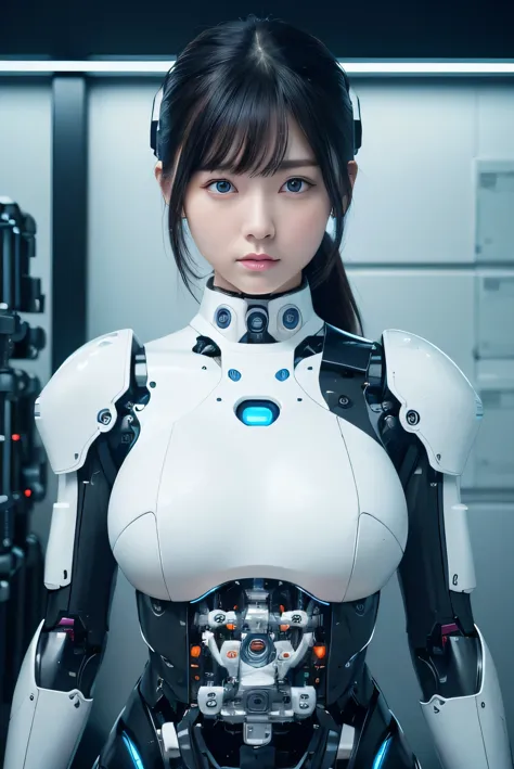 masterpiece, best quality, extremely detailed, 8K portrait,1girl in, Japaese android girl,android teacher,Plump , control panels,android,Droid,Mechanical Hand, ,Robot arms and legs, Black hair,Mechanical body,Blunt bangs,White Robotics Parts,perfect robot woman,Charging spot,perfect mechanical body,white robotics body,android assembly plant,white body,She has repaired,black sponge joints,android,laboratory,perfect machine body,white robot body,blue eyes