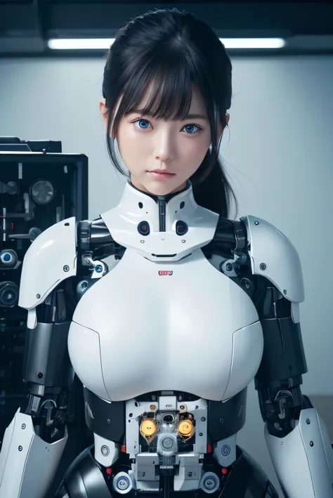 masterpiece, best quality, extremely detailed, 8K portrait,1girl in, Japaese android girl,android teacher,Plump , control panels,android,Droid,Mechanical Hand, ,Robot arms and legs, Black hair,Mechanical body,Blunt bangs,White Robotics Parts,perfect robot woman,Charging spot,perfect mechanical body,white robotics body,android assembly plant,white body,She has repaired,black sponge joints,android,laboratory,perfect machine body,white robot body,blue eyes