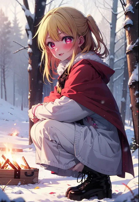 rubyhoshino, Hoshino Ruby, Long Hair, bangs, blonde, (Pink Eyes:1.3), Side Lock, (Symbol-shaped pupil:1.5), Multicolored Hair, Two-tone hair, smile,,smile,blush,white breath,
Open your mouth,snow,Ground bonfire, Outdoor, boots, snowing, From the side, wood, suitcase, Cape, Blurred, , forest, White handbag, nature,  Squat, Mouth closed, Cape, winter, Written boundary depth, Black shoes, red Cape break looking at viewer, Upper Body, whole body, break Outdoor, forest, nature, break (masterpiece:1.2), Highest quality, High resolution, unity 8k wallpaper, (shape:0.8), (Beautiful and beautiful eyes:1.6), Highly detailed face, Perfect lighting, Highly detailed CG, (Perfect hands, Perfect Anatomy),