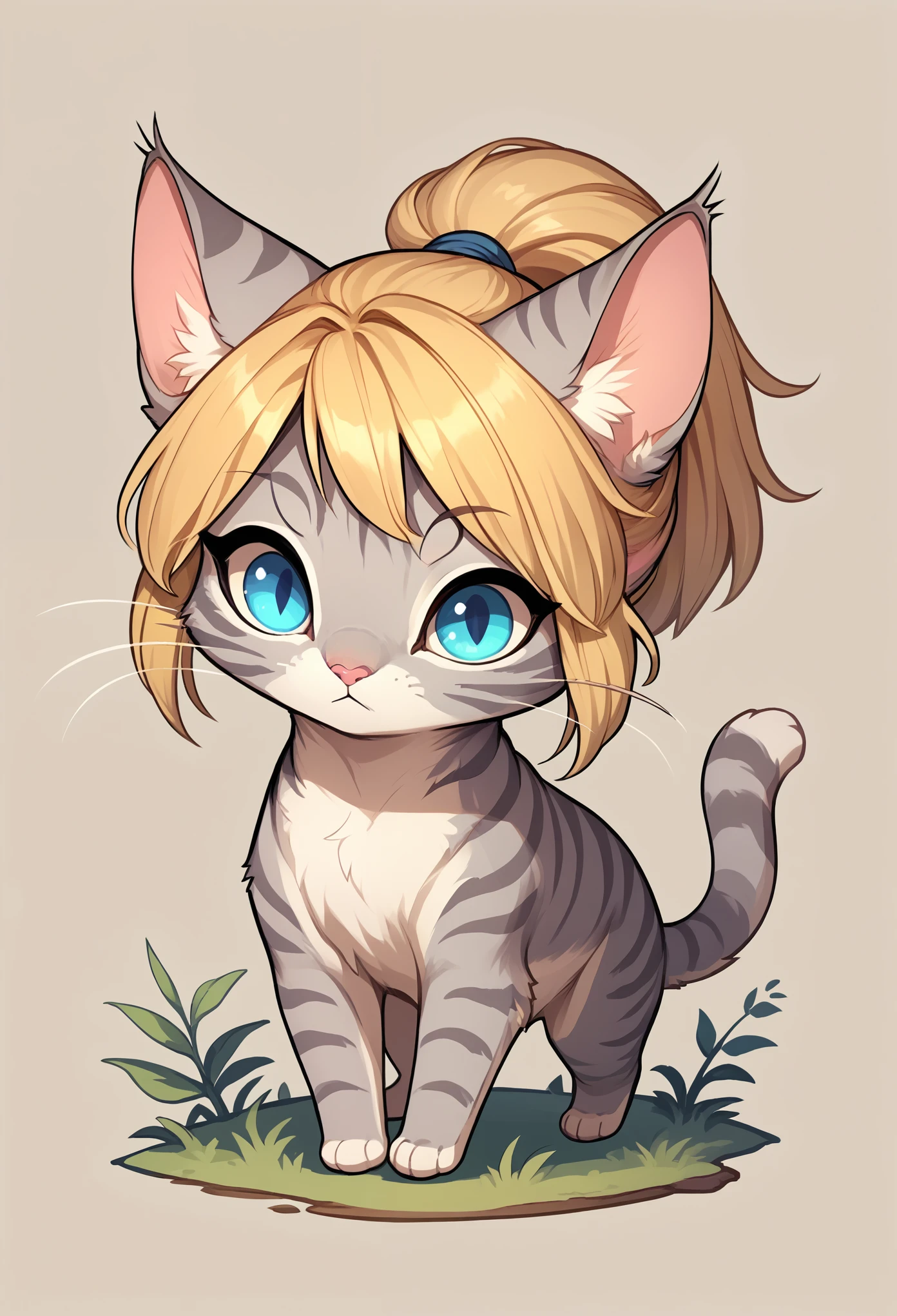 Solo, score_9, score_8_up, score_7_up, score_6_up, BREAK source_anime, IncrsXLLCM, full body, chibi, Kat, feral, golden blonde hair in a ponytail, silver fur, grey stripes, :3, white whiskers, pink nose, no humans, blue eyes, simple brown background, naked