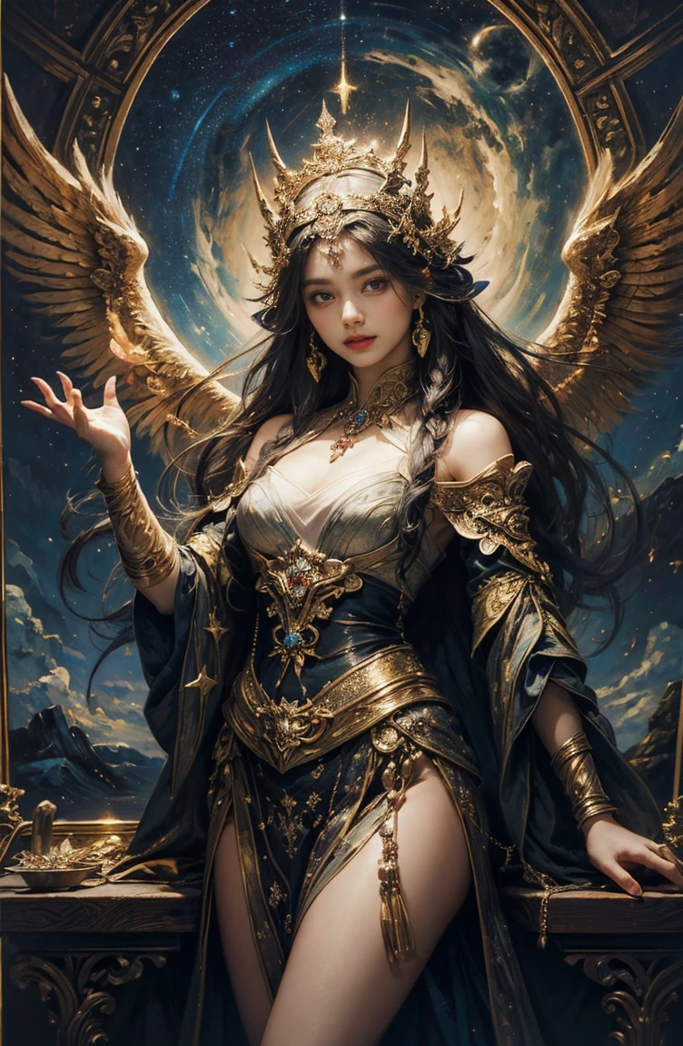 (Tabletop, Highest qualityの, (((((woman)))))、Highest quality, Official Art, (beautifully、beautiful:1.4), (Oil painting:1.4) ),（（male））  (lucifer), God of Japanese God Stories々々, fleeting beauty, A mysterious god illuminated by the starry sky, Winged Angel、god&#39;Grace, Calm and thoughtful expression, Flowing Heavenly Robe, Dazzling silver stars light up the night view, Dance of shadows and lights, Whispers of Ancient Legends、Very slender、