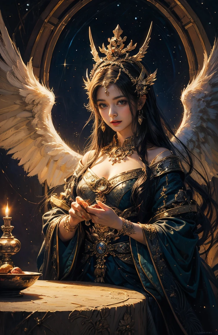 (Tabletop, Highest qualityの, (((((woman)))))、Highest quality, Official Art, (beautifully、beautiful:1.4), (Oil painting:1.4) ),（（male））  (lucifer), God of Japanese God Stories々々, fleeting beauty, A mysterious god illuminated by the starry sky, Winged Angel、god&#39;Grace, Calm and thoughtful expression, Flowing Heavenly Robe, Dazzling silver stars light up the night view, Dance of shadows and lights, Whispers of Ancient Legends、Very slender、