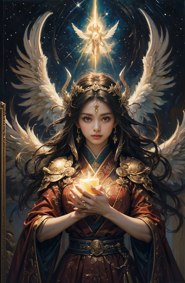 (Tabletop, Highest qualityの, (((((woman)))))、Highest quality, Official Art, (beautifully、beautiful:1.4), (Oil painting:1.4) ),（（male））  (lucifer), God of Japanese God Stories々々, fleeting beauty, A mysterious god illuminated by the starry sky, Winged Angel、god&#39;Grace, Calm and thoughtful expression, Flowing Heavenly Robe, Dazzling silver stars light up the night view, Dance of shadows and lights, Whispers of Ancient Legends、Very slender、