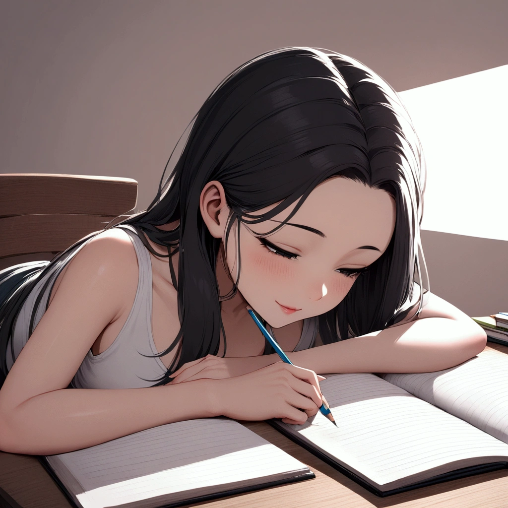 Girl, large forehead, black hair, smiling, black eyes, half-closed eyes, seductive, pencil, book, cheeky studying, studying