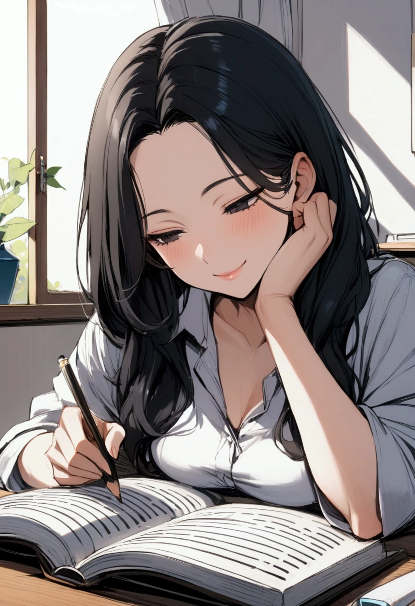 Girl, large forehead, black hair, smiling, black eyes, half-closed eyes, seductive, pencil, book, cheeky studying, studying