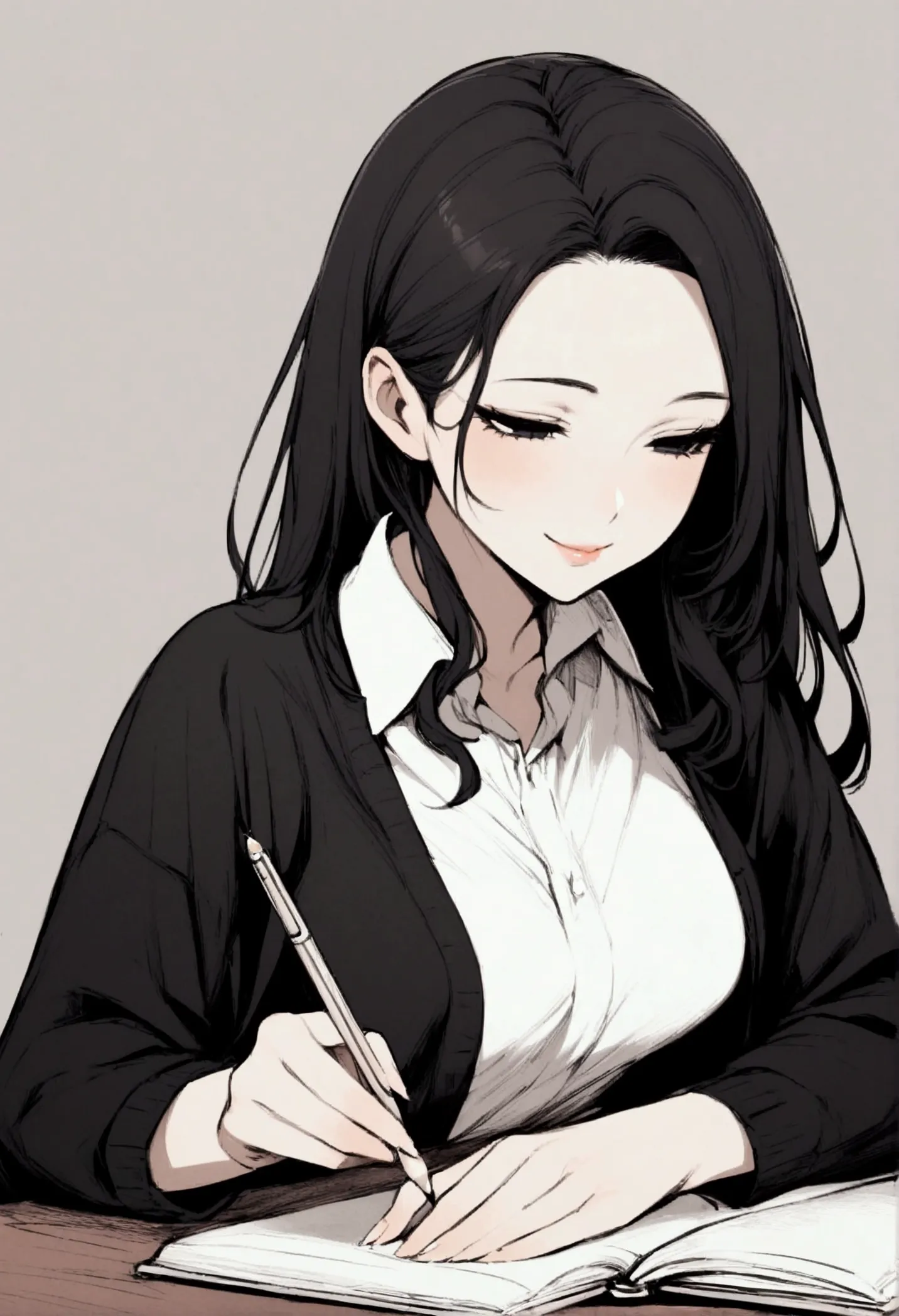 girl, large forehead, black hair, smiling, black eyes, half-closed eyes, seductive, pencil, book, cheeky studying, studying, fem...