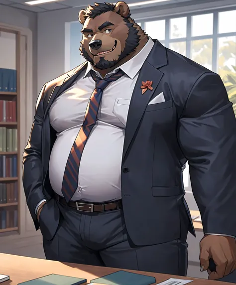 Black Bear Orc，entrepreneur，professor at collage ，Bear，height 188cm，Weight 160 kg，nice furr, Strong physique，medium belly，fat，A loose leather belt pushed up by a small belly，Full of male hormones。He usually wears a suit and tie.，Wearing a tie, Showing a kind ，desk, genuine smile and friendly expression 