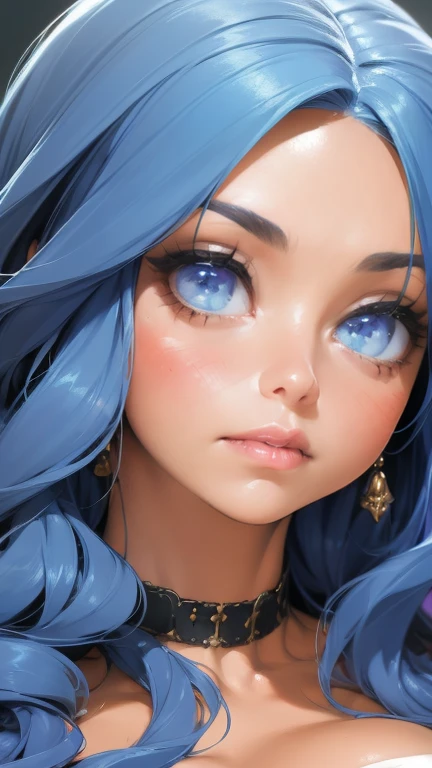 Masterpiece, raw, beautiful art, professional artist, 8k, art style by sciamano240, very detailed face, very detailed hair, 1 mature woman, perfectly drawn body, beautiful face, long hair, light blue hair , very detailed blue eyes, pouty lips , rosey cheeks, intricate details in eyes, playful smile, looking directly at viewer , in love with viewer expression, black chocker, lipstick, very close up on face, studio setting,