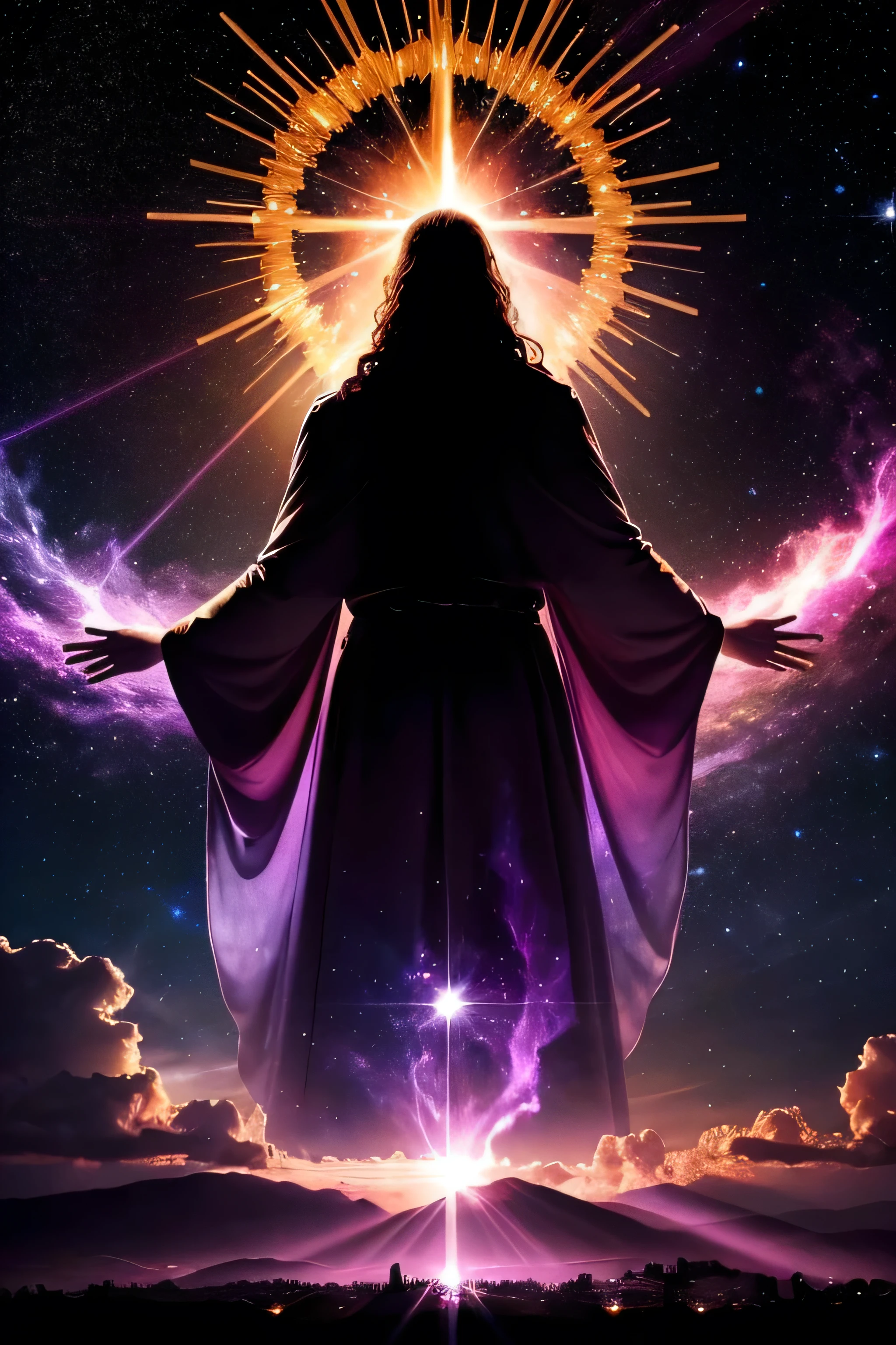 Cristo em evidência com suas costas em silhueta com uma coroa de luz na cabeça com ambas as mãos erguidas em seu poder e , com uma supernova roxo e laranja brilhante ao fundo


