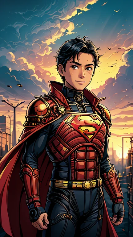 (8k),(masterpiece),(Japanese),( boy),((innocent look)),((Childish)),From the front,Cowboy shot, upper body, smile,cute,Innocent,Kind eyes,Flat chest, DC Superman superhero, red cape, short,Hair blowing in the wind, Black Hair,Strong wind,midnight,dark, pitch black,SteamPunk Design Metropolis City,