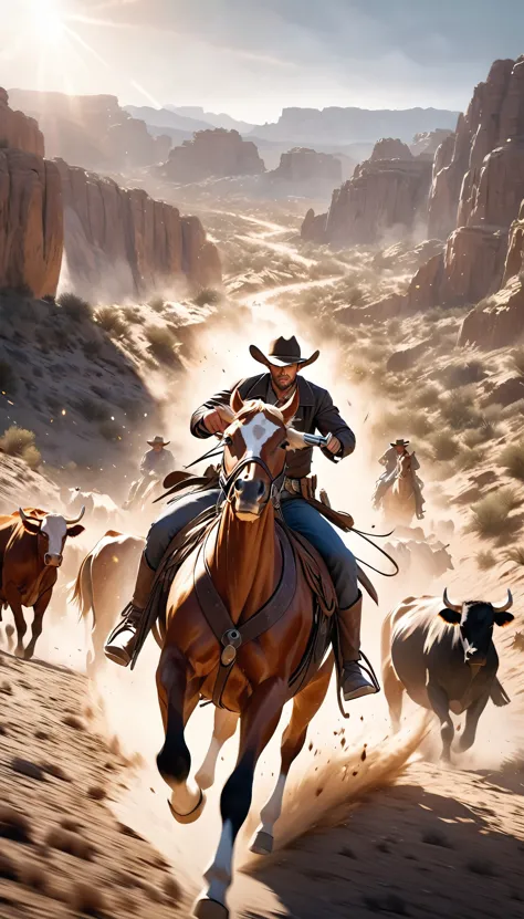 a cowboy in the wild west, cattle drive, dynamic motion blur, confrontation with cattle rustlers, detailed and accurate revolver, detailed and attractive facial expressions, riding a horse, epic western action, cinematic lighting, dramatic landscape, golden city, gritty and realistic, intricate details, photorealistic, masterpiece, high resolution, 8k