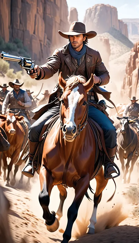a cowboy in the wild west, cattle drive, dynamic motion blur, confrontation with cattle rustlers, detailed and accurate revolver, detailed and attractive facial expressions, riding a horse, epic western action, cinematic lighting, dramatic landscape, golden city, gritty and realistic, intricate details, photorealistic, masterpiece, high resolution, 8k