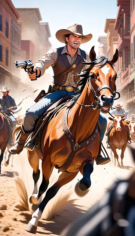 Western Cowboy, Wild West, Heading for the Gold City, Cattle Drive, Exciting shooting action, Dynamic Motion Blur, Confronting cattle thieves, Detailed and accurate revolver, Detailed and attractive facial expression, Riding a horse, 