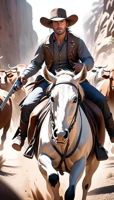 a rugged cowboy in the wild west, gold rush era, cattle drive, dynamic motion blur, confronting cattle rustlers, highly detailed revolver, extremely detailed and expressive face, riding a horse, ambient occlusion, volumetric lighting, cinematic composition, dramatic chiaroscuro lighting, dramatic color tones, hyper-realistic, 8k, masterpiece, award-winning digital art