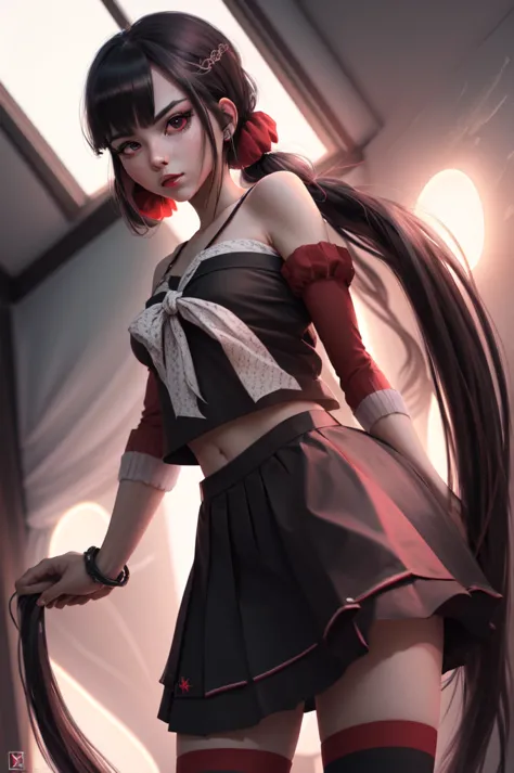 maki h, red knee socks, black skirt, super detailed, (high resolution:1.1), highest quality, (masterpiece:1.3), cinema lighting