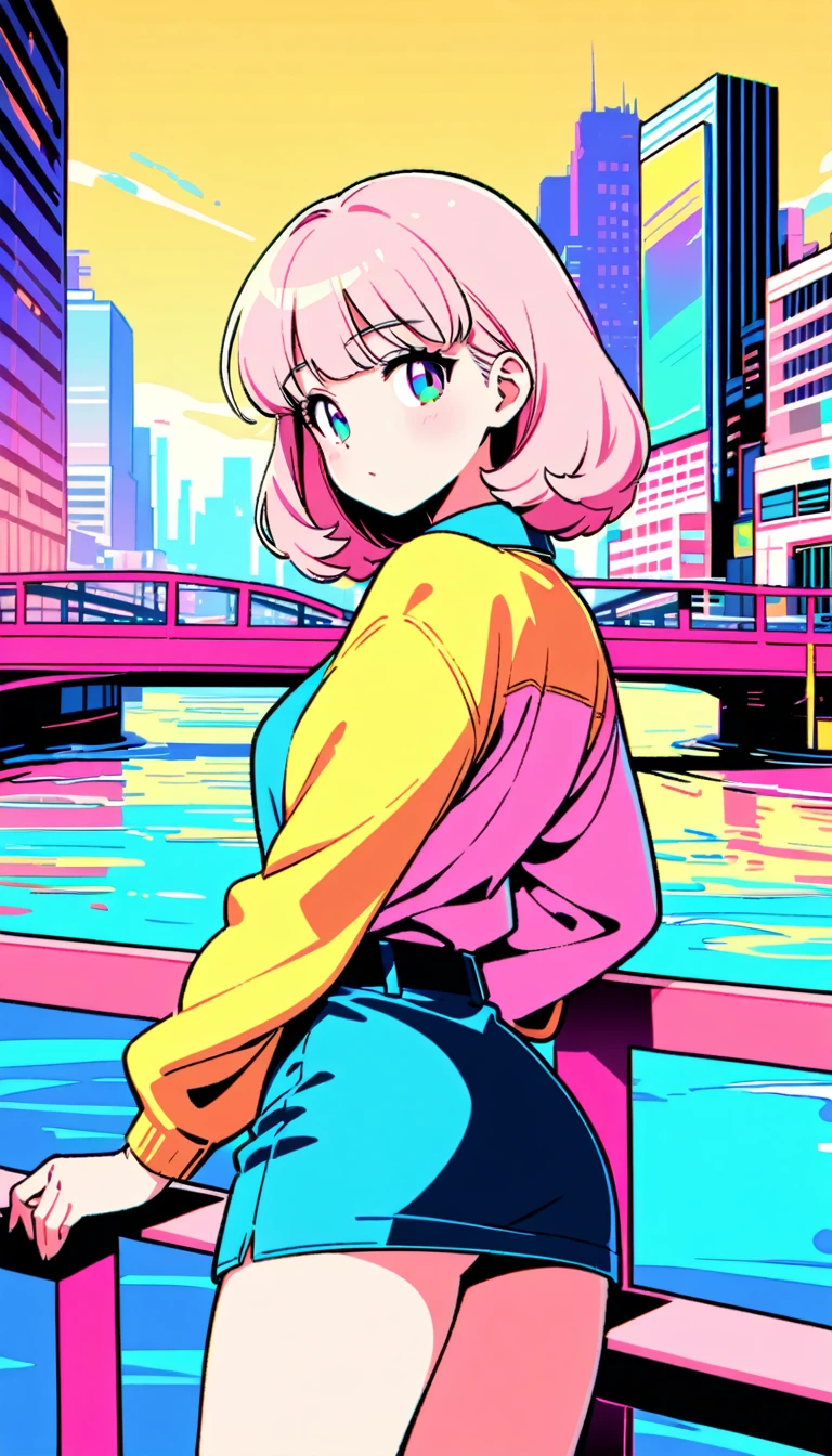 masterpiece, Highest quality, Beautiful attention to detail, Very detailed, In detail, High resolution, Perfect Anatomy, colorful, pastel colour, One girl, alone, (City pop illustrations), (City Pop Art), Simple Background, Retro Style, (Vaporwave City Pop), (1980s City Pop), (City Pop Anime), (river, bridge), Retro Style, 1980s Fashion, Cowboy Shot,