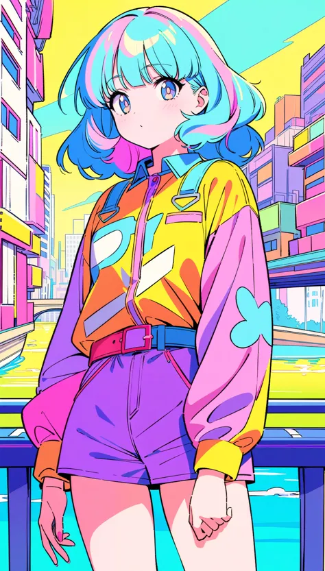 masterpiece, Highest quality, Beautiful attention to detail, Very detailed, In detail, High resolution, Perfect Anatomy, colorful, pastel colour, One girl, alone, (City pop illustrations), (City Pop Art), Simple Background, Retro Style, (Vaporwave City Pop), (1980s City Pop), (City Pop Anime), (river, bridge), Retro Style, 1980s Fashion, Cowboy Shot,