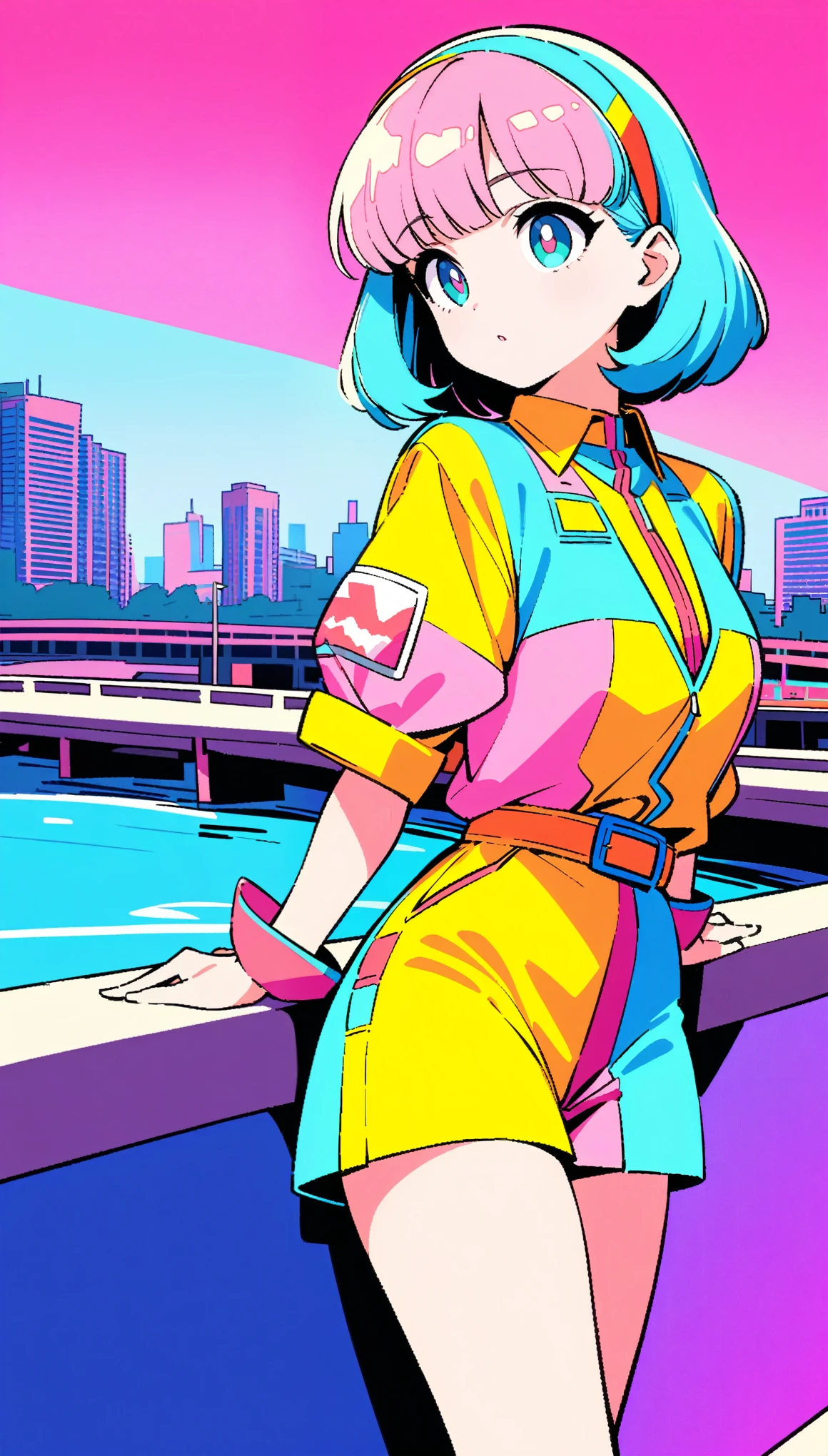 masterpiece, Highest quality, Beautiful attention to detail, Very detailed, In detail, High resolution, Perfect Anatomy, colorful, pastel colour, One girl, alone, (City pop illustrations), (City Pop Art), Simple Background, Retro Style, (Vaporwave City Pop), (1980s City Pop), (City Pop Anime), (river, bridge), Retro Style, 1980s Fashion, Cowboy Shot,