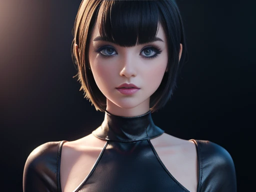 3D Digital Art Masterpiece, cute girl with asymmetrical face, blue eyes white skin eyeliner, slim full body 1.2 2d short bob style hair with bangs, dark makeup,  perfect detailing on hands and body, full HD imagen 