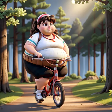 A brunette fat woman with a bicycle, illuminated by sunlight, against the backdrop of a forest