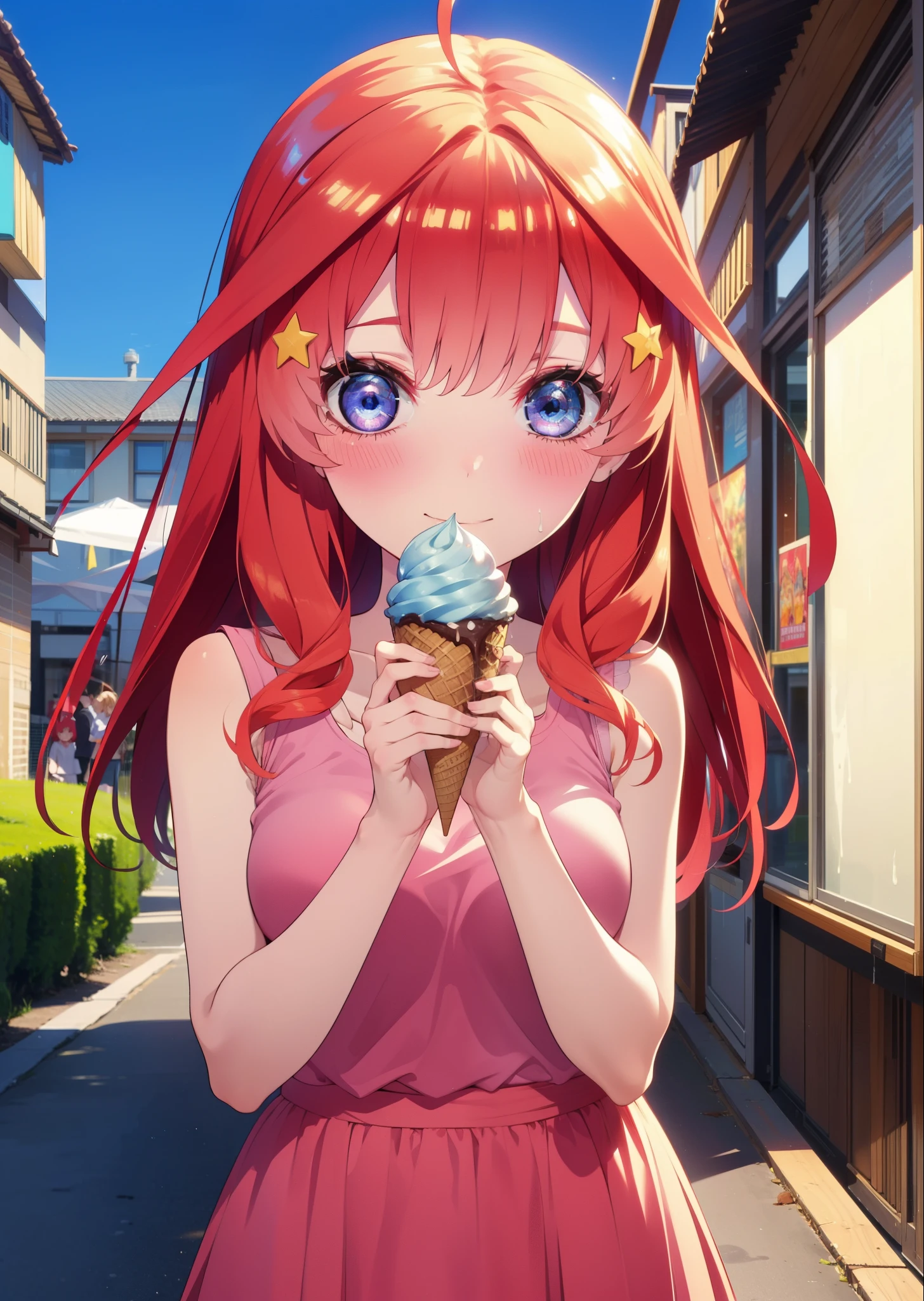 itsukinakano, Itsuki Nakano, bangs, blue eyes, Hair between the eyes, Ahoge, Redhead, star \(symbol\), hair ornaments, star hair ornaments,Red Tank Top,Long skirt,Heeled Sandals,Walking,smile,blush,Eating ice cream,Holding ice cream in one hand,whole bodyがイラストに入るように,
break outdoors, 海岸通り
break looking at viewer,whole body ,
break (masterpiece:1.2), Highest quality, High resolution, unity 8k wallpaper, (figure:0.8), (Beautiful attention to detail:1.6), Highly detailed face, Perfect lighting, Highly detailed CG, (Perfect hands, Perfect Anatomy),