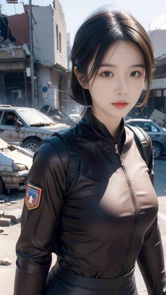 8K, Realistic photos, Realistic skin texture, Korean beauties in the US military、. 20 years old. Dark brown hair. She looks at the camera seriously. She stood in a destroyed Martian city.
