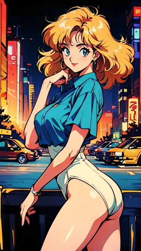(80's, Retro, City Pop Poster:1.5), (Album cover), (masterpiece, Highest quality), (anime, figure), 
Best Photo Poses, Dynamic Angle, Cowboy Shot, blonde Russian girl, 19 years old, Large Breasts, Wide Hips, Perky ass, Round ass,
girl, alone, smile, A perfect eye for detail, Delicate face, blue eyes,
High Fashion, 