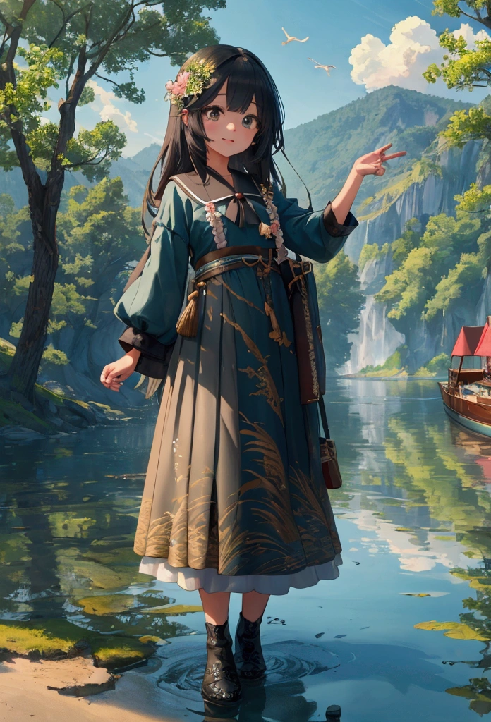 shan,watercraf11t,boat,bird,tree,scenery,water,lake,mountain,outdoors,reflection,nature,river, (masterpiece:1.3), (best quality:1.3), 1girl, (kawaii background:1.3),(extremely detailed fine touch:1.3),(hard light, studio light, light rays, dappled light, reflection, shadows, ray tracing:1),