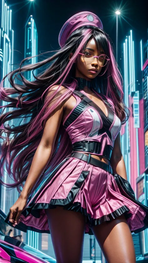 black woman with long dark brown straight hair, wearing futuristic and pink clothing, has pink streak in hair and brown eyes.