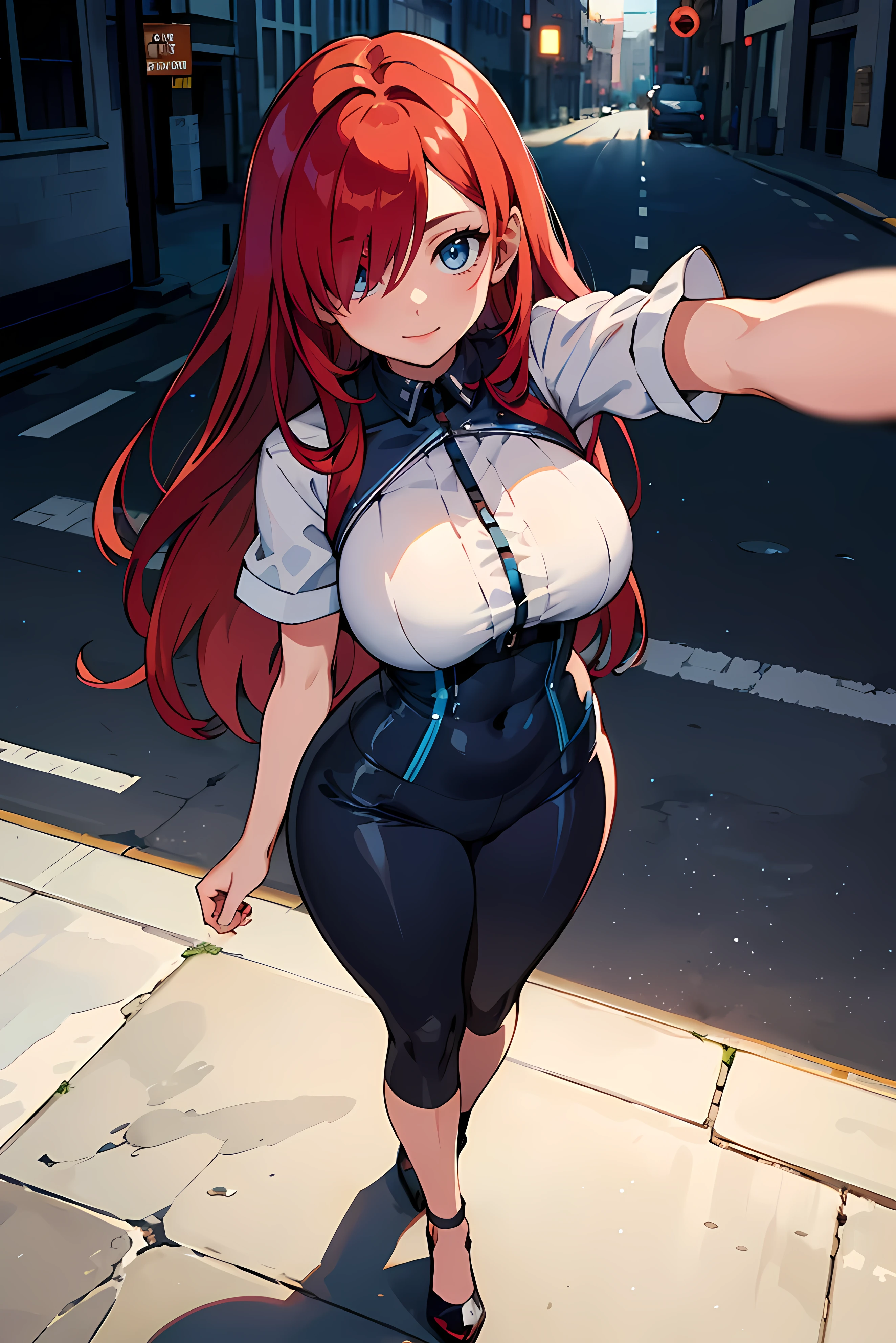 masterpiece, best quality, highly detailed background, perfect lighting, best quality, (extremely detailed face), volumetric lighting, intricate details, shadow, tonemapping, sharp focus, hyper detailed, trending on Artstation, (solo) ((Looking at the viewer)) (long red hair) (Hair over face) (only one eye visible) (curvy) (Big breasts) (transparent clothes)((Blue eyes)) ((human)) (sexy pose) (in the street) (smile) (With your arm stretched out as if taking a selfie)