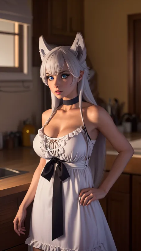 a sexy woman with large breasts, wolf ears, white hair, blue eyes, fluffy tail, wearing a white dress with a black bow ribbon, b...