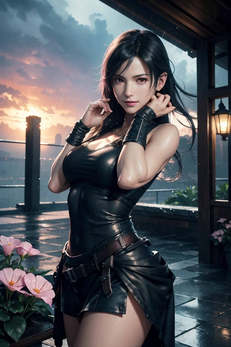 El mejor,tifa,tifa･Lockhart,Final Fantasy 7,FF7,Fotorrealista,ultra alta definición,alta calidad,obra maestra,Cámaras réflex digitales,Detalles detallados,detalles intrincados,Base anatómica,representado en detalle,Una cara detallada,textura de piel realista,detalles vívidos,anatomía perfecta,anatomía perfecta,mano anatómicamente correcta,Dedos anatómicamente correctos,Súper detalle,Pose sexy renderizada en 3D compleja,Hermosa gloria de la mañana(flor),cielo lluvioso,hermoso paisaje,Fantástico cielo lluvioso,pintoresco,Labios rosados,sonrisa,mariposas fantasiosas々,