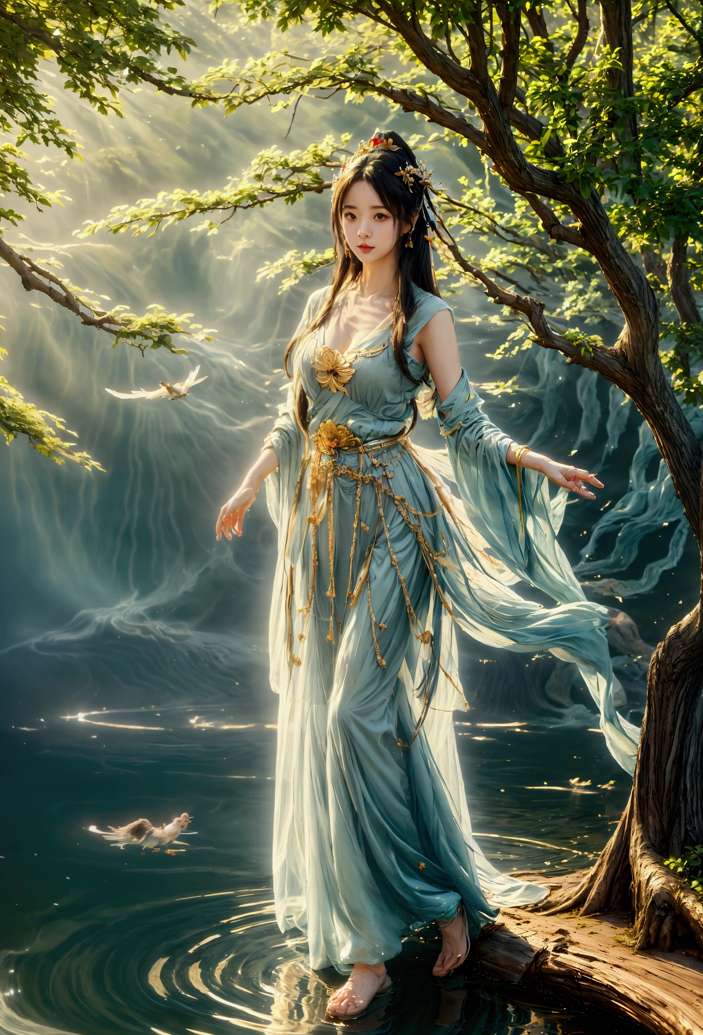 shan,watercraf11t,boat,bird,tree,scenery,water,lake,mountain,outdoors,reflection,nature,river, (masterpiece:1.3), (best quality:1.3), 1girl, deressed in hanfu, little open chest, big breast, full body (kawaii background:1.3),(extremely detailed fine touch:1.3),(hard light, studio light, light rays, dappled light, reflection, shadows, ray tracing:1),